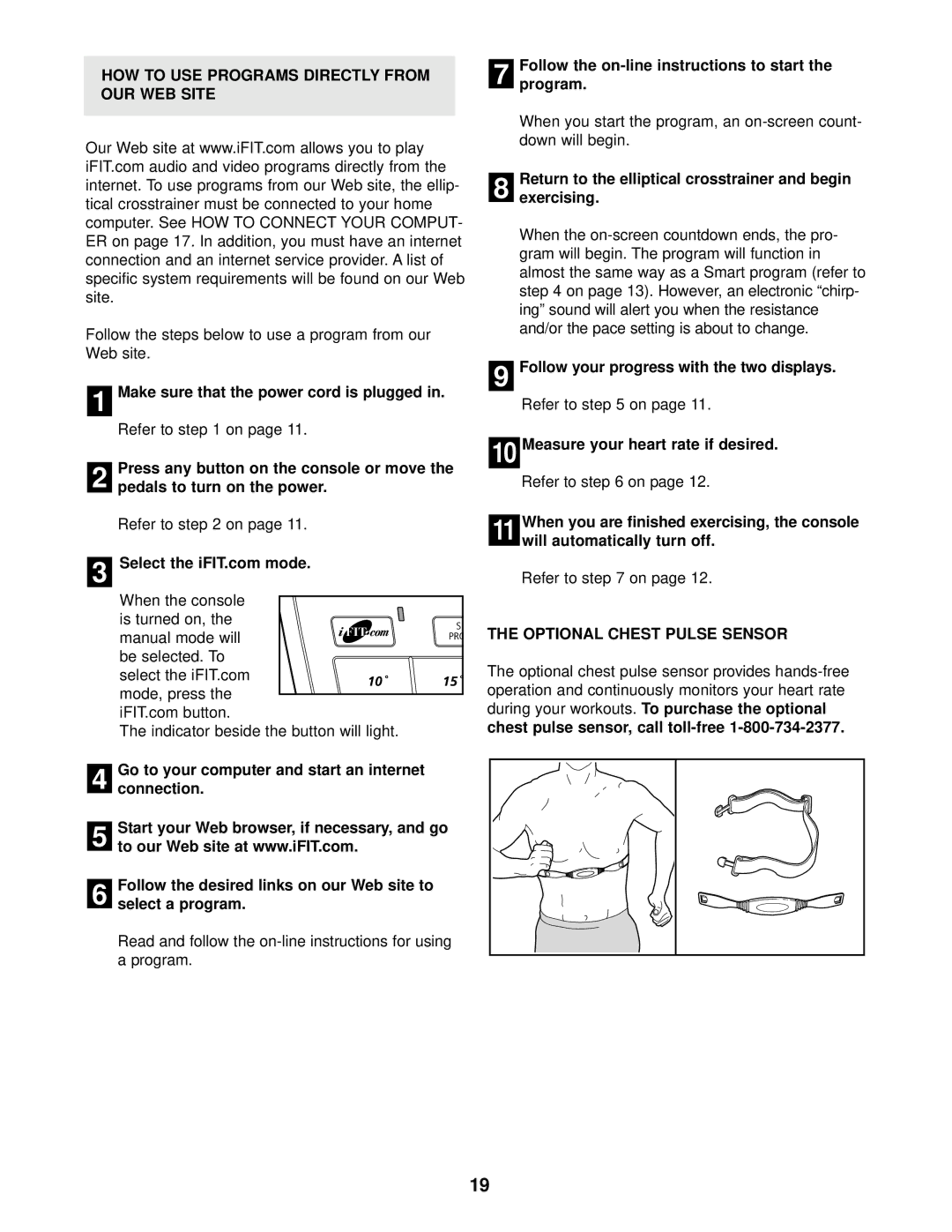 NordicTrack NTEL12911 user manual HOW to USE Programs Directly from OUR WEB Site, Optional Chest Pulse Sensor 