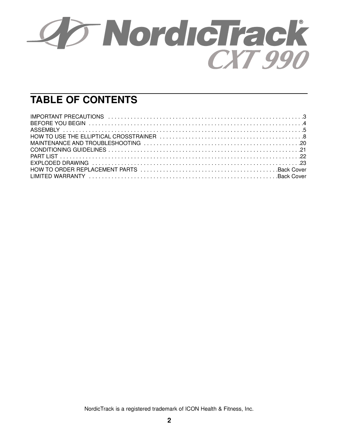 NordicTrack NTEL12911 user manual Table of Contents 