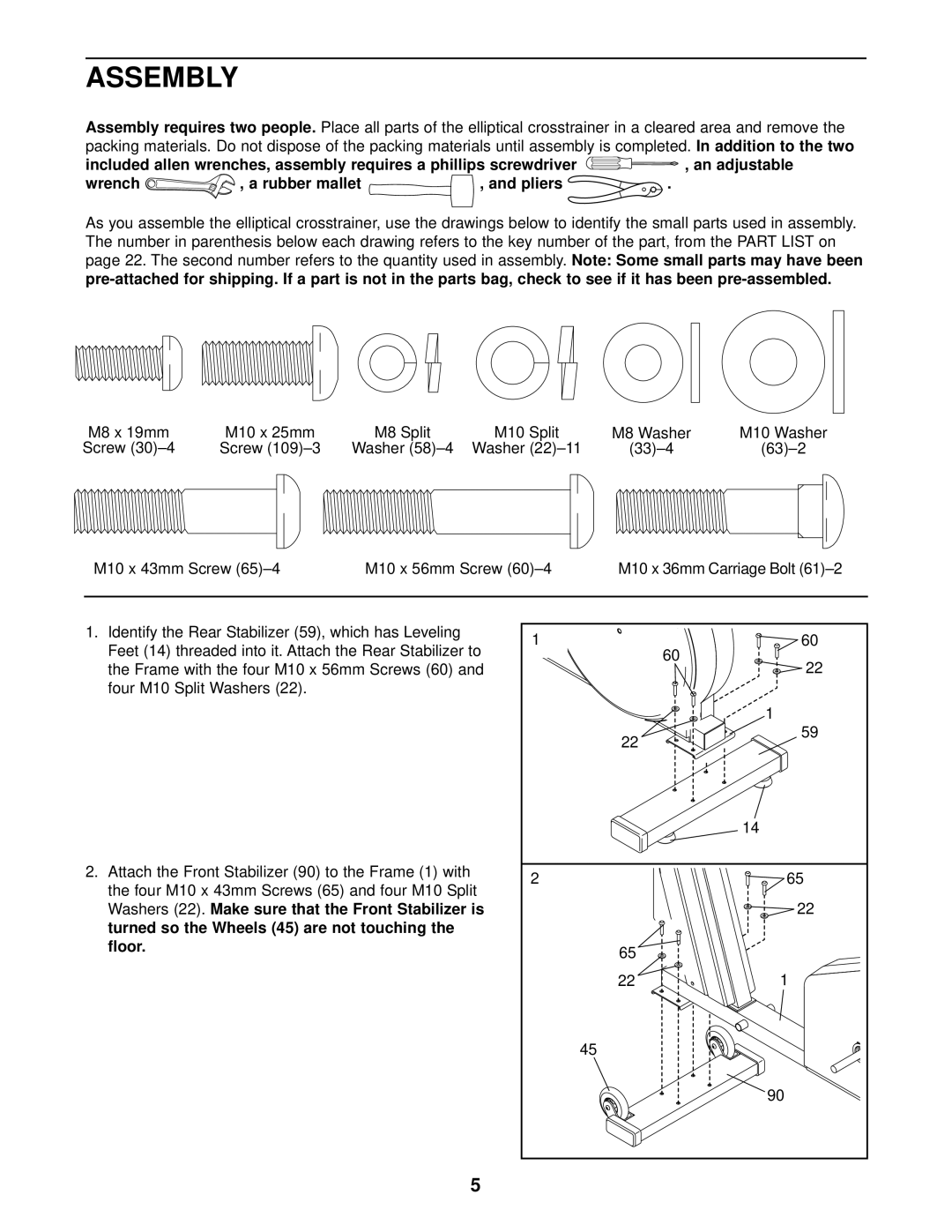 NordicTrack NTEL12911 user manual Assembly, Addition to the two, Pliers, Floor 