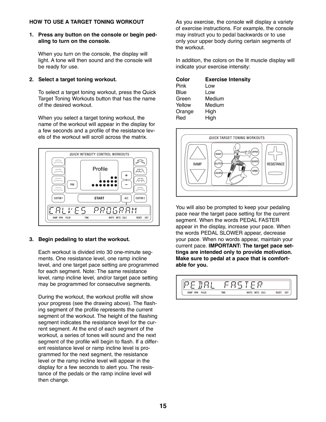 NordicTrack NTEL16907.0 HOW to USE a Target Toning Workout, Select a target toning workout, Color Exercise Intensity 