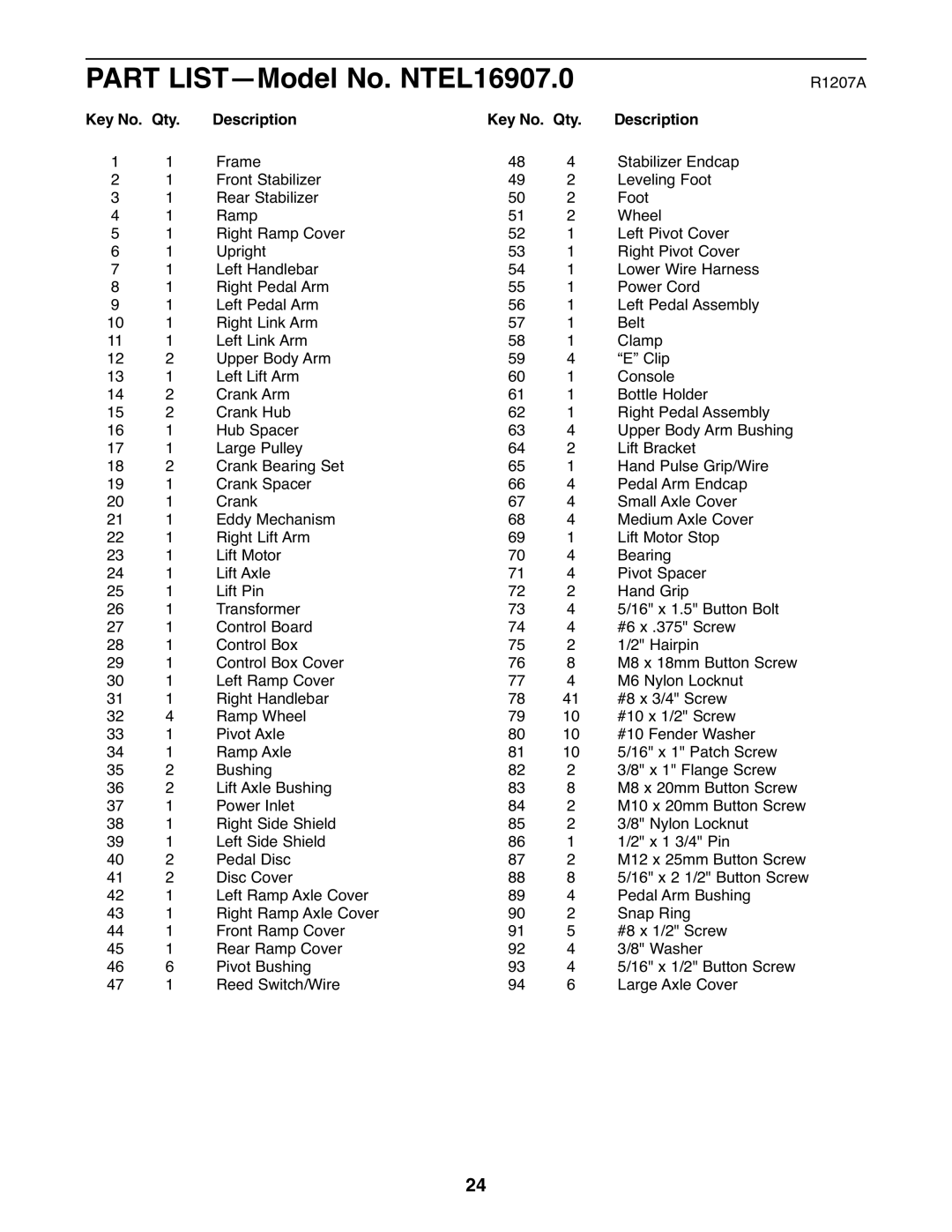 NordicTrack NTEL16907.0 user manual R1207A, Qty Description 