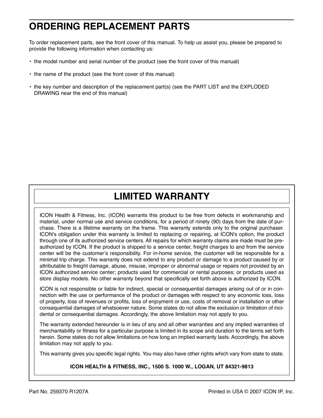 NordicTrack NTEL16907.0 Ordering Replacement Parts, Limited Warranty, Icon Health & FITNESS, INC., 1500 S W., LOGAN, UT 