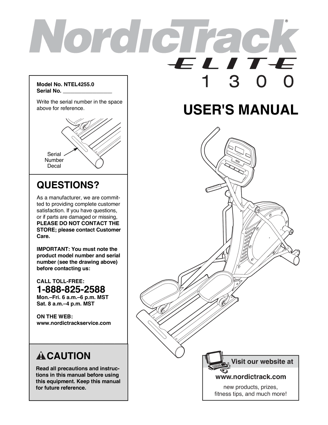 NordicTrack user manual Questions?, Model No. NTEL4255.0 Serial No, Call TOLL-FREE 