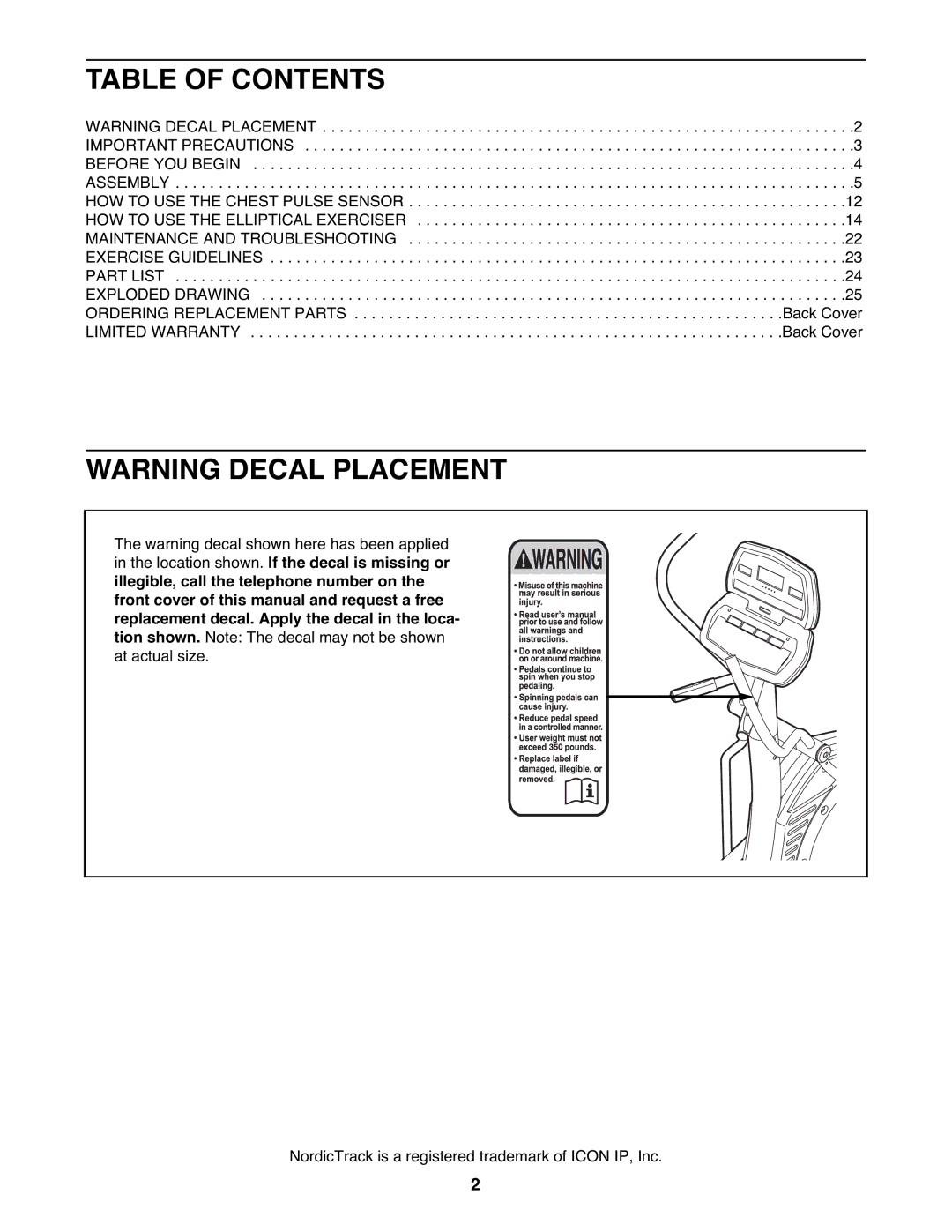 NordicTrack NTEL4255.0 user manual Table of Contents 