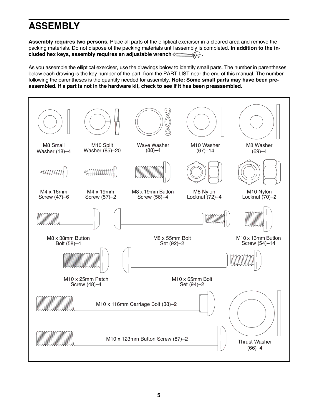 NordicTrack NTEL4255.0 user manual Assembly, Cluded hex keys, assembly requires an adjustable wrench 