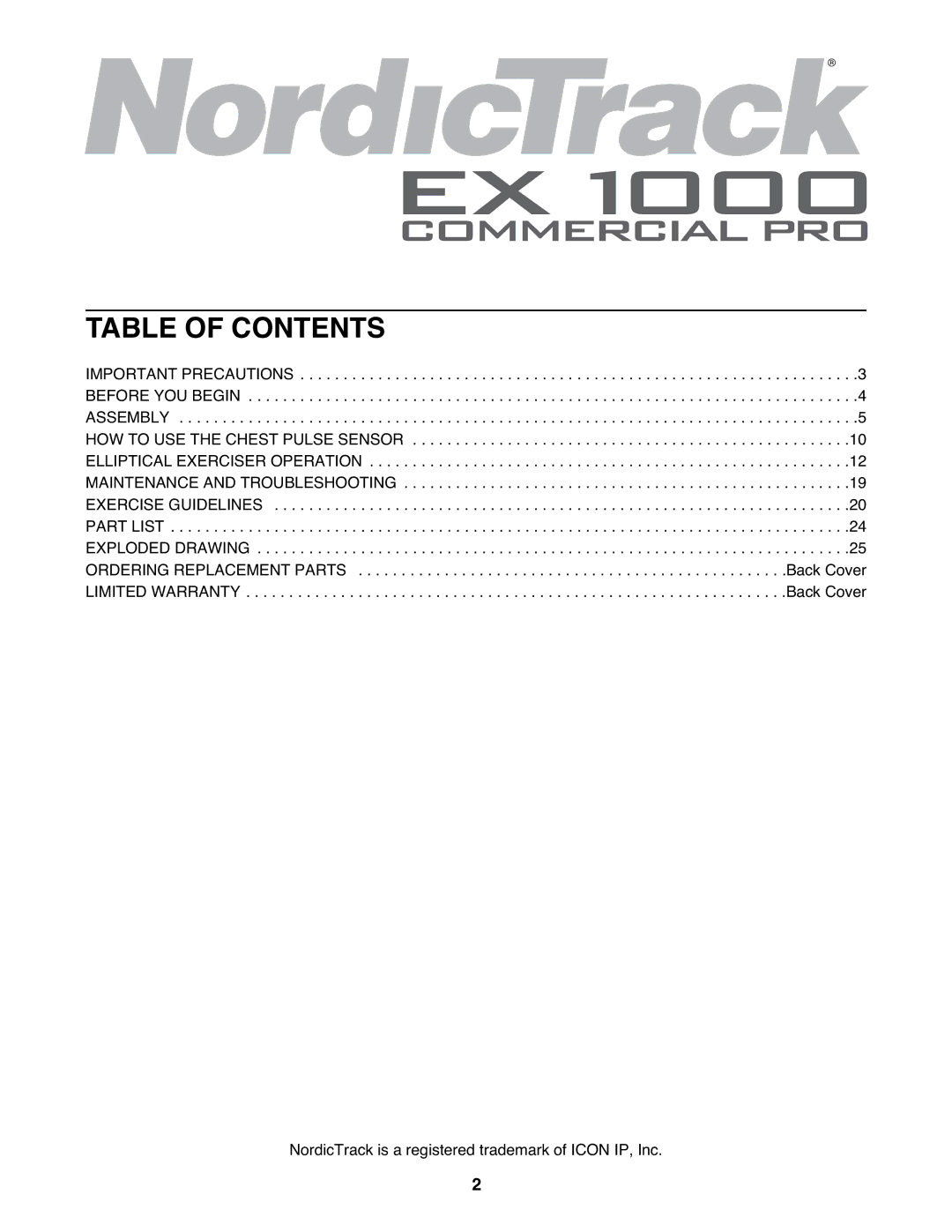 NordicTrack NTEL4255.2 user manual Table of Contents 