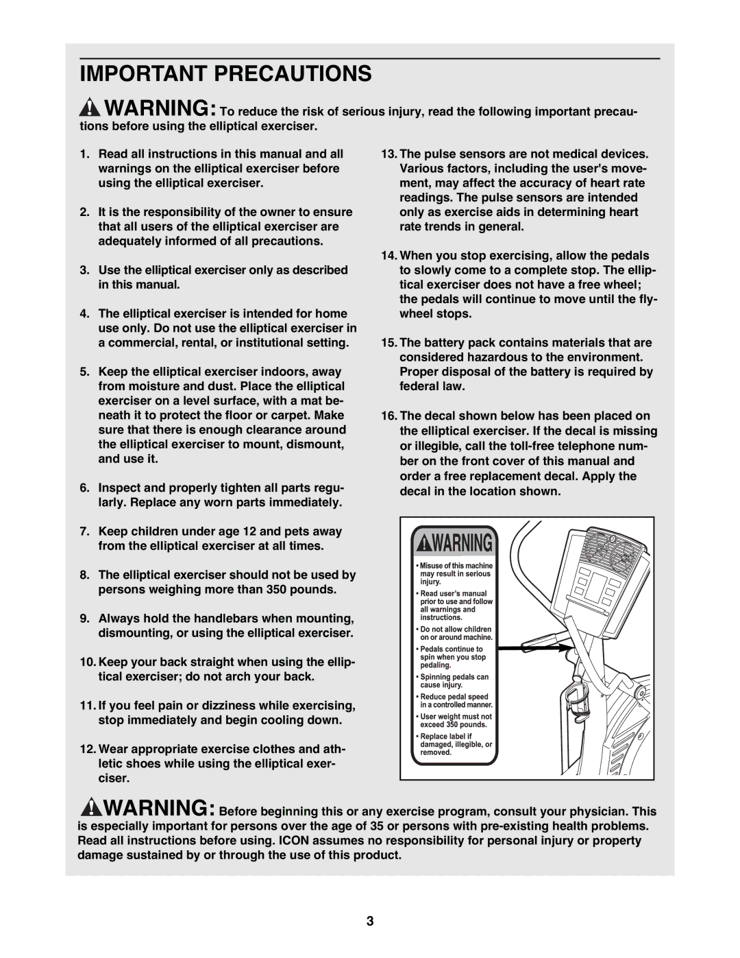 NordicTrack NTEL4255.2 user manual Important Precautions 