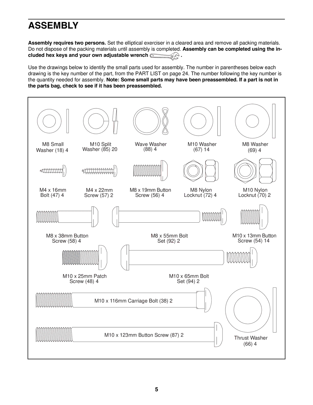 NordicTrack NTEL4255.2 user manual Assembly, Cluded hex keys and your own adjustable wrench 