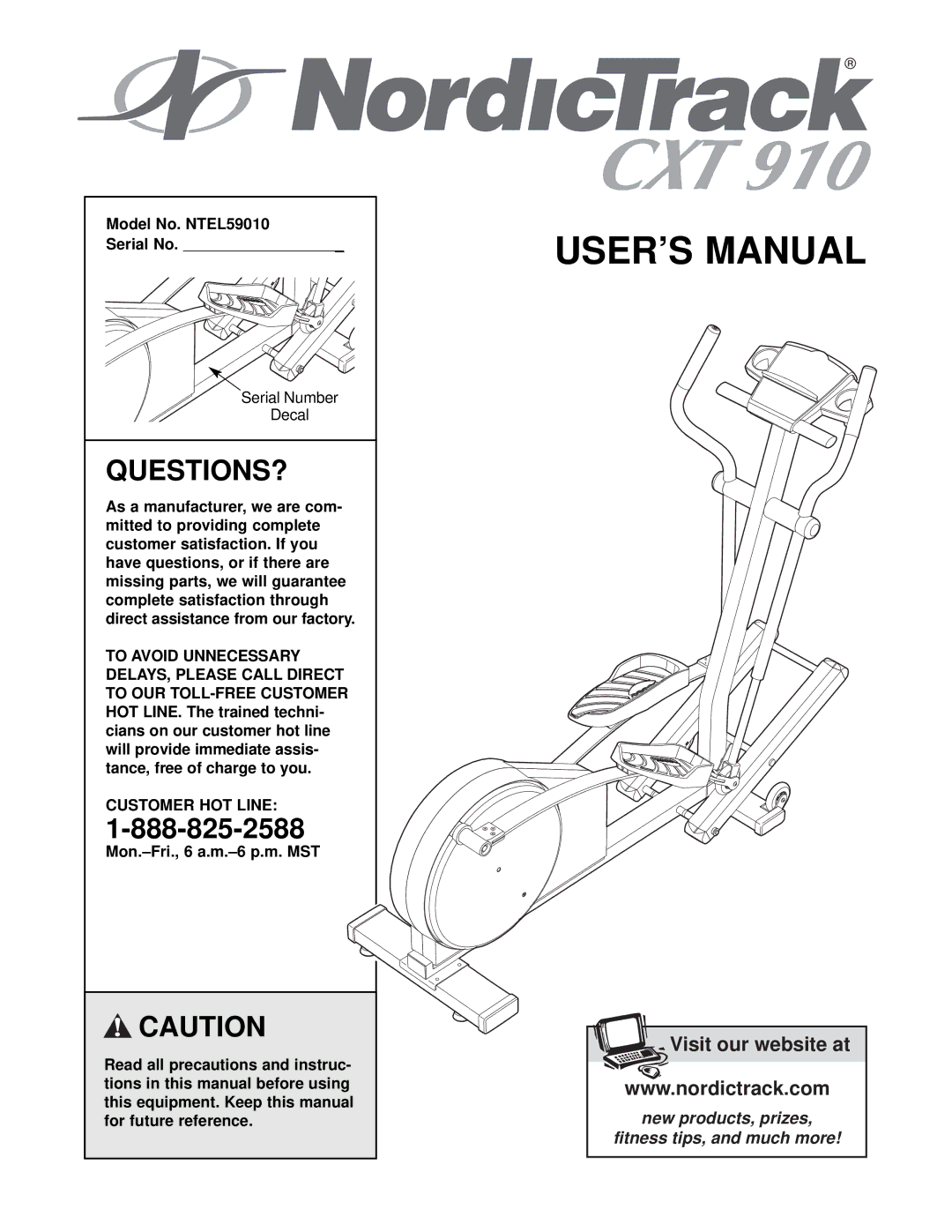 NordicTrack user manual Questions?, Model No. NTEL59010 Serial No, Customer HOT Line 