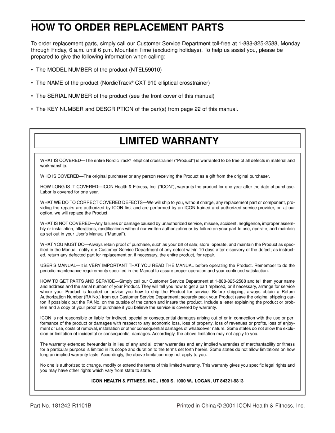 NordicTrack NTEL59010 user manual HOW to Order Replacement Parts, Limited Warranty 