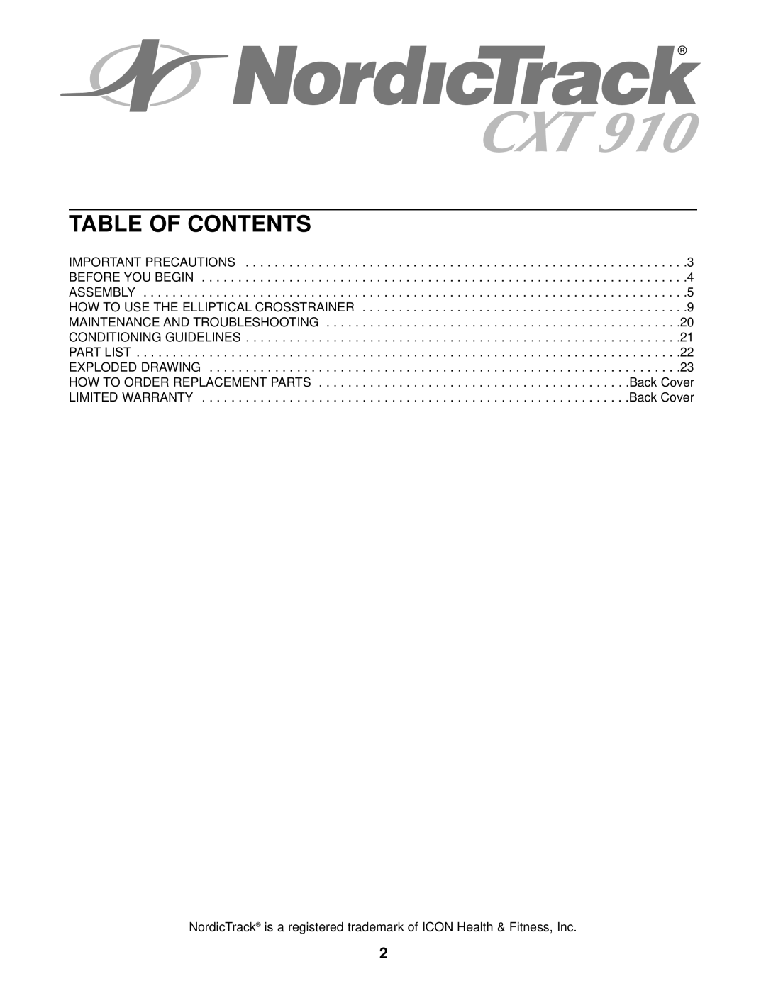 NordicTrack NTEL59012 user manual Table of Contents 