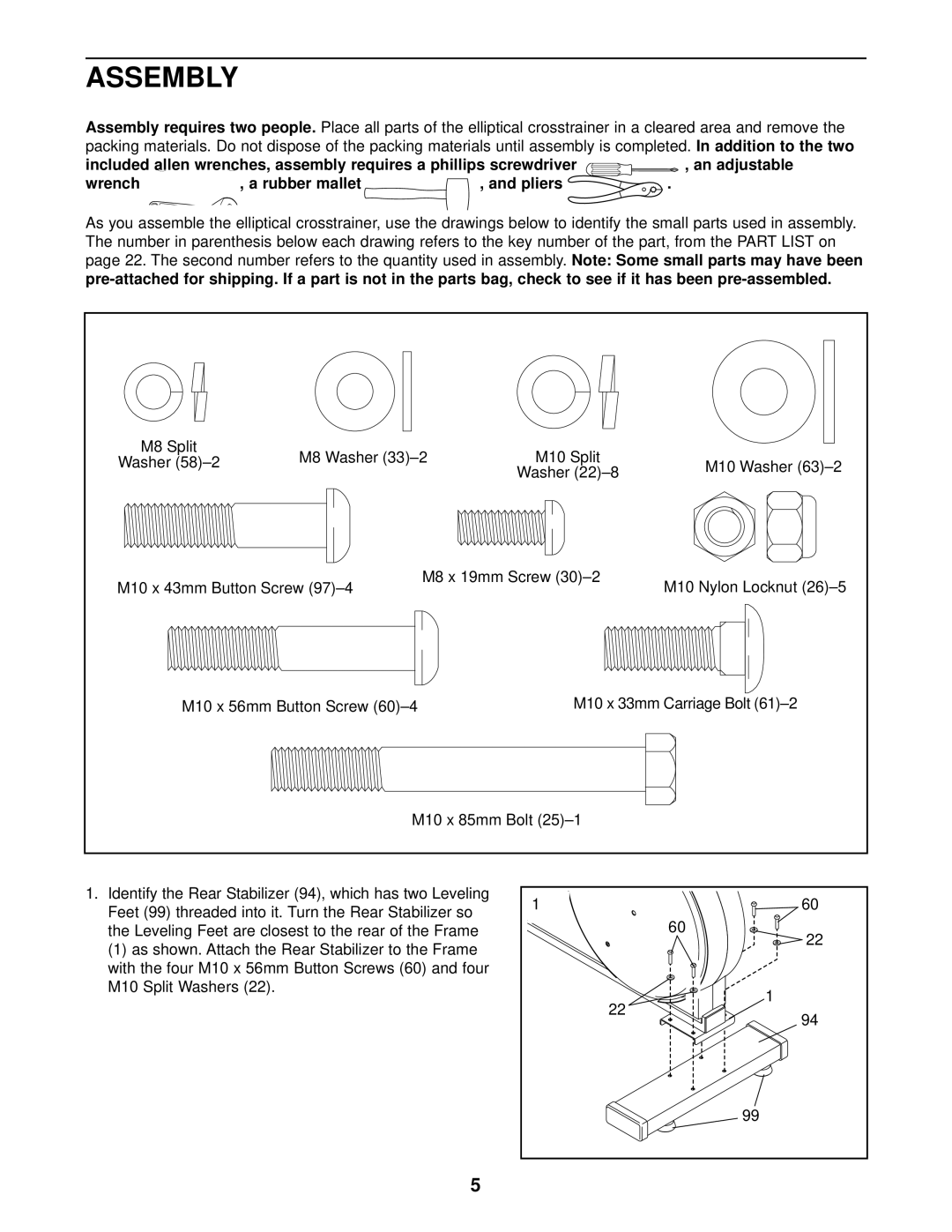 NordicTrack NTEL59012 Assembly, Addition to the two, Pliers, Second number refers to the quantity used in assembly 