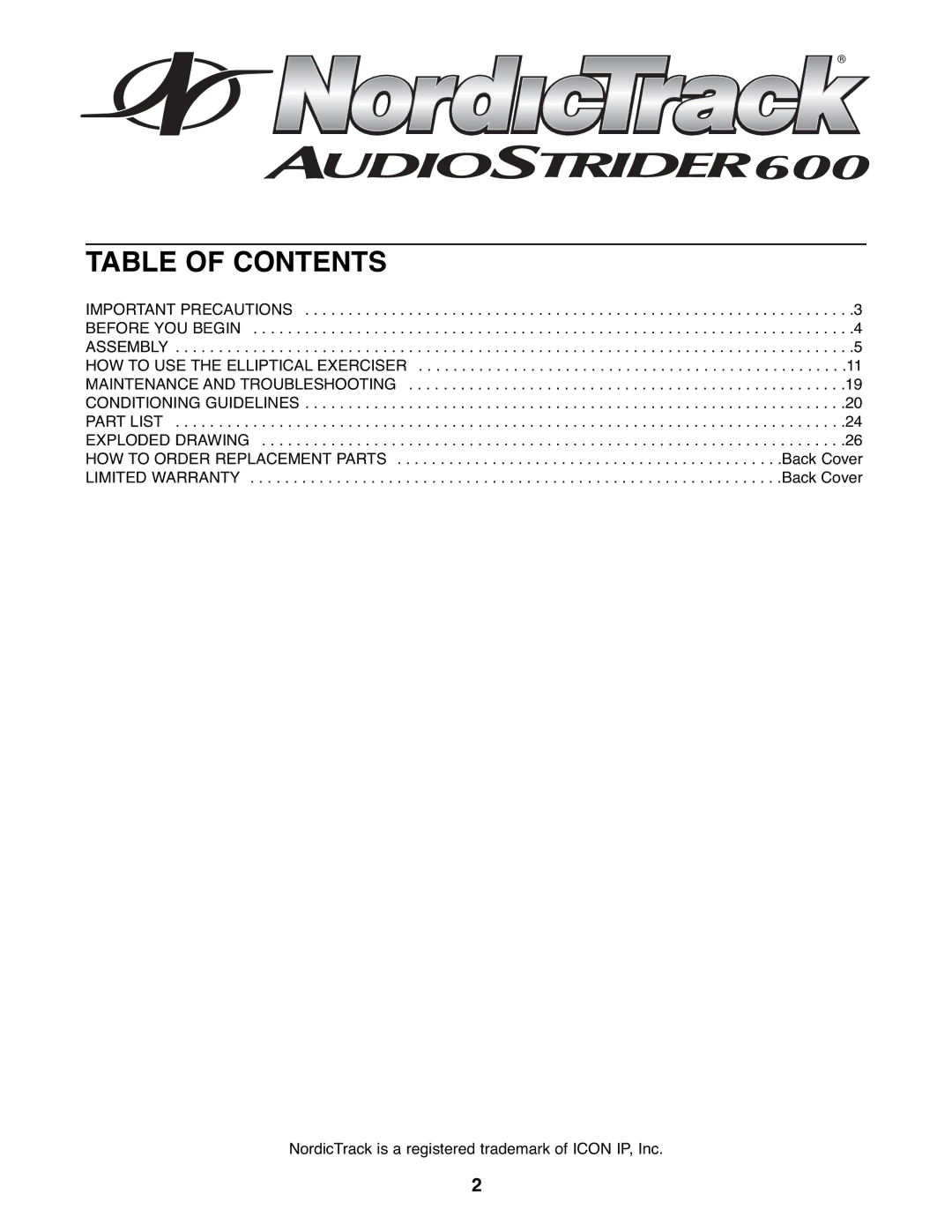 NordicTrack NTEL7506.1 user manual Table of Contents 