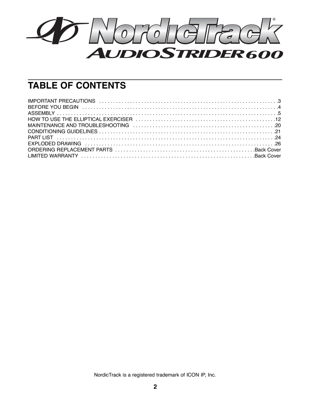 NordicTrack NTEL7506.2 user manual Table of Contents 