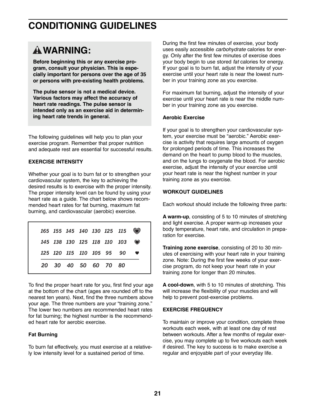 NordicTrack NTEL7506.2 user manual Conditioning Guidelines, Exercise Intensity, Workout Guidelines, Exercise Frequency 