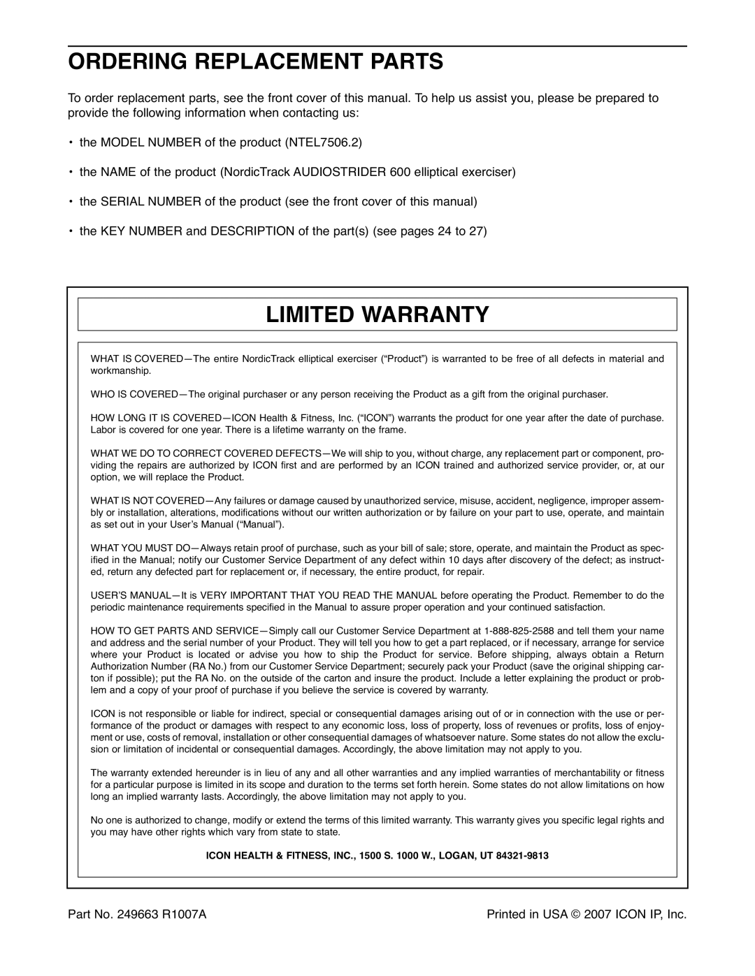 NordicTrack NTEL7506.2 user manual Ordering Replacement Parts, Limited Warranty 