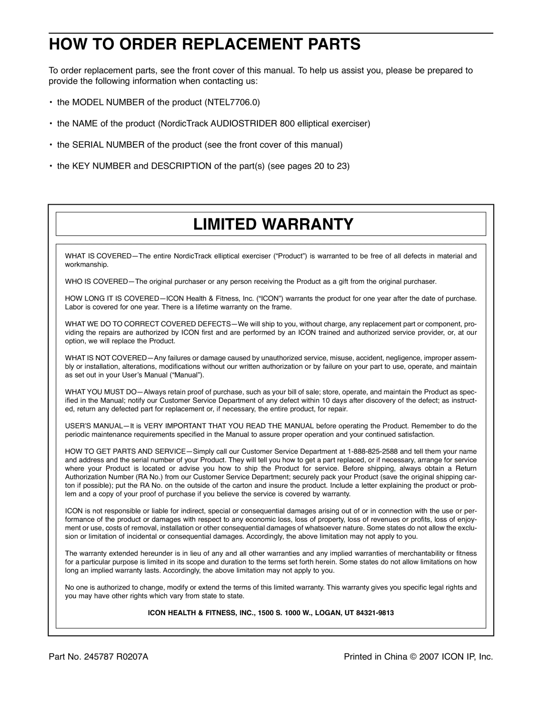 NordicTrack NTEL7706.0 user manual HOW to Order Replacement Parts, Limited Warranty 