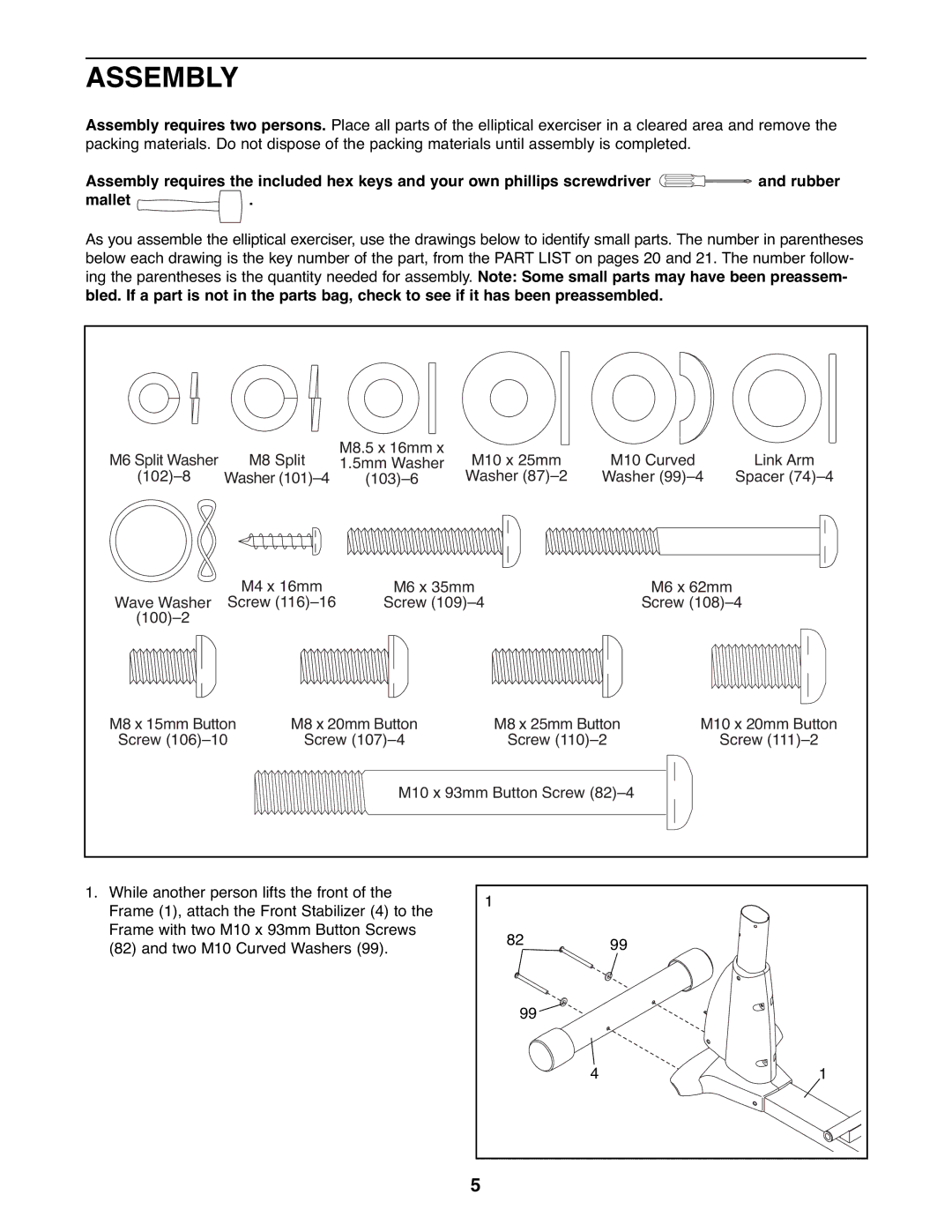 NordicTrack NTEL7706.0 user manual Assembly, Screw M10 x 93mm Button Screw 