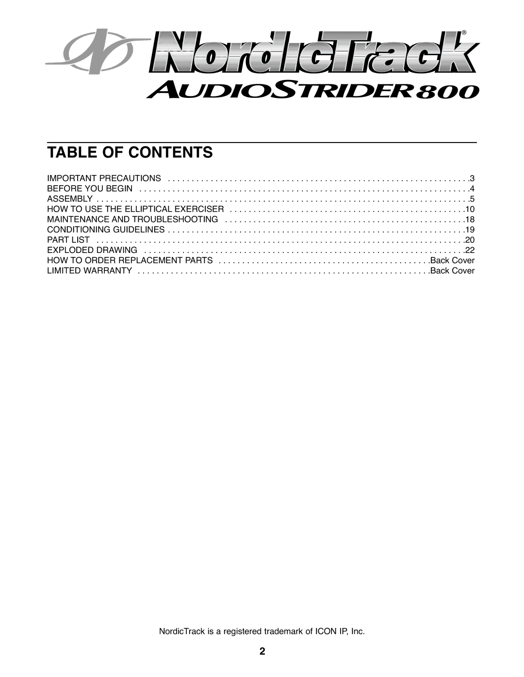 NordicTrack NTEL7706.1 user manual Table of Contents 