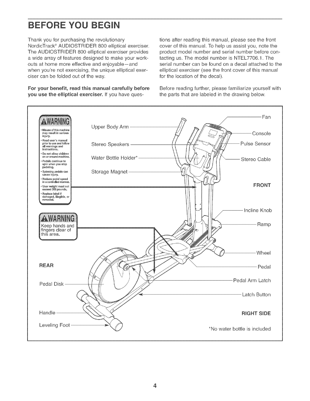 NordicTrack NTEL7706.1 manual Before YOU Begin, Rear, Front 