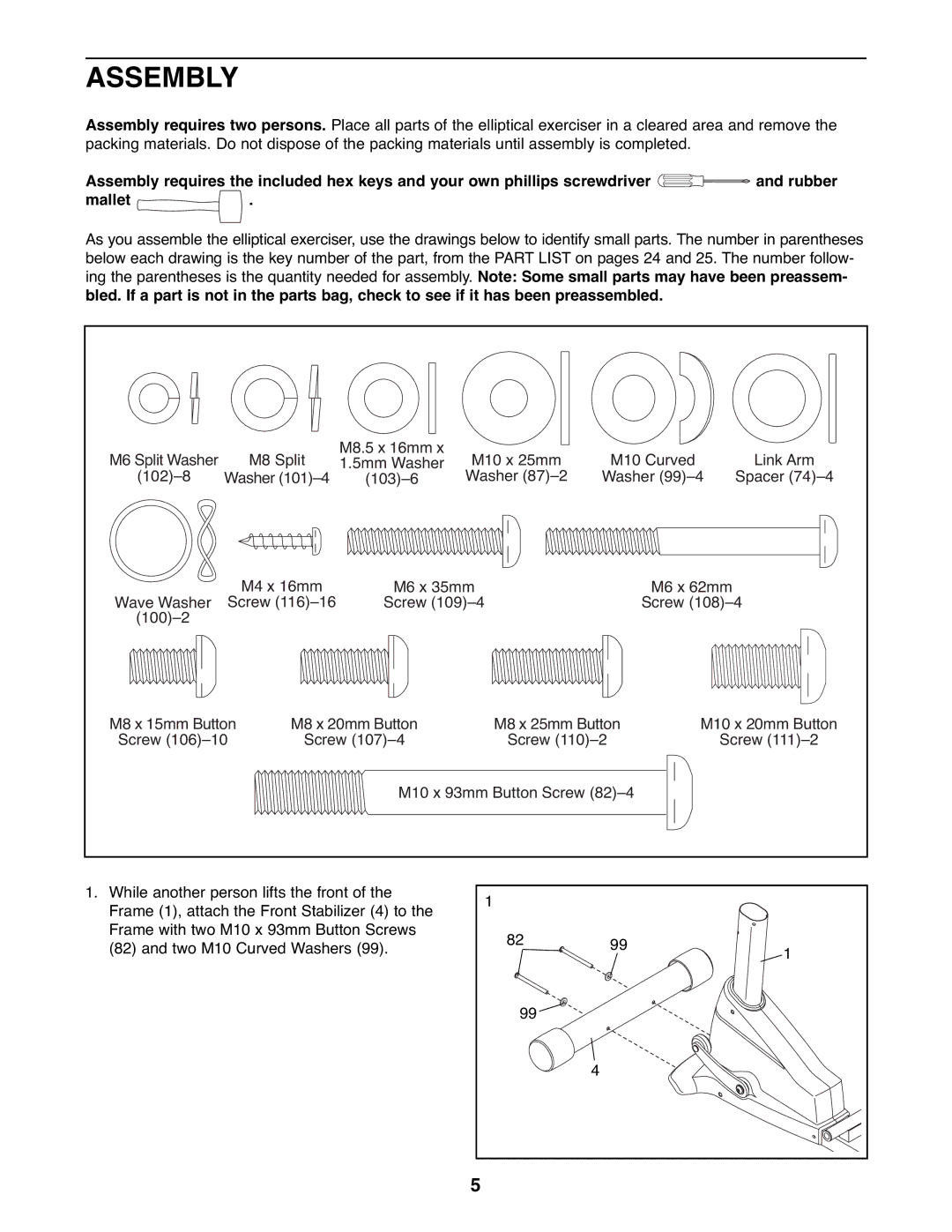 NordicTrack NTEL7906.0 user manual Assembly, Screw M10 x 93mm Button Screw 