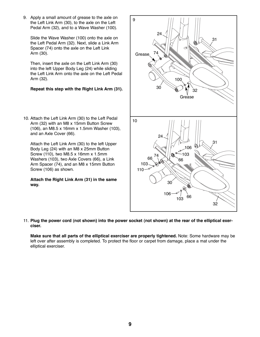 NordicTrack NTEL7906.0 user manual Repeat this step with the Right Link Arm, Attach the Right Link Arm 31 in the same way 