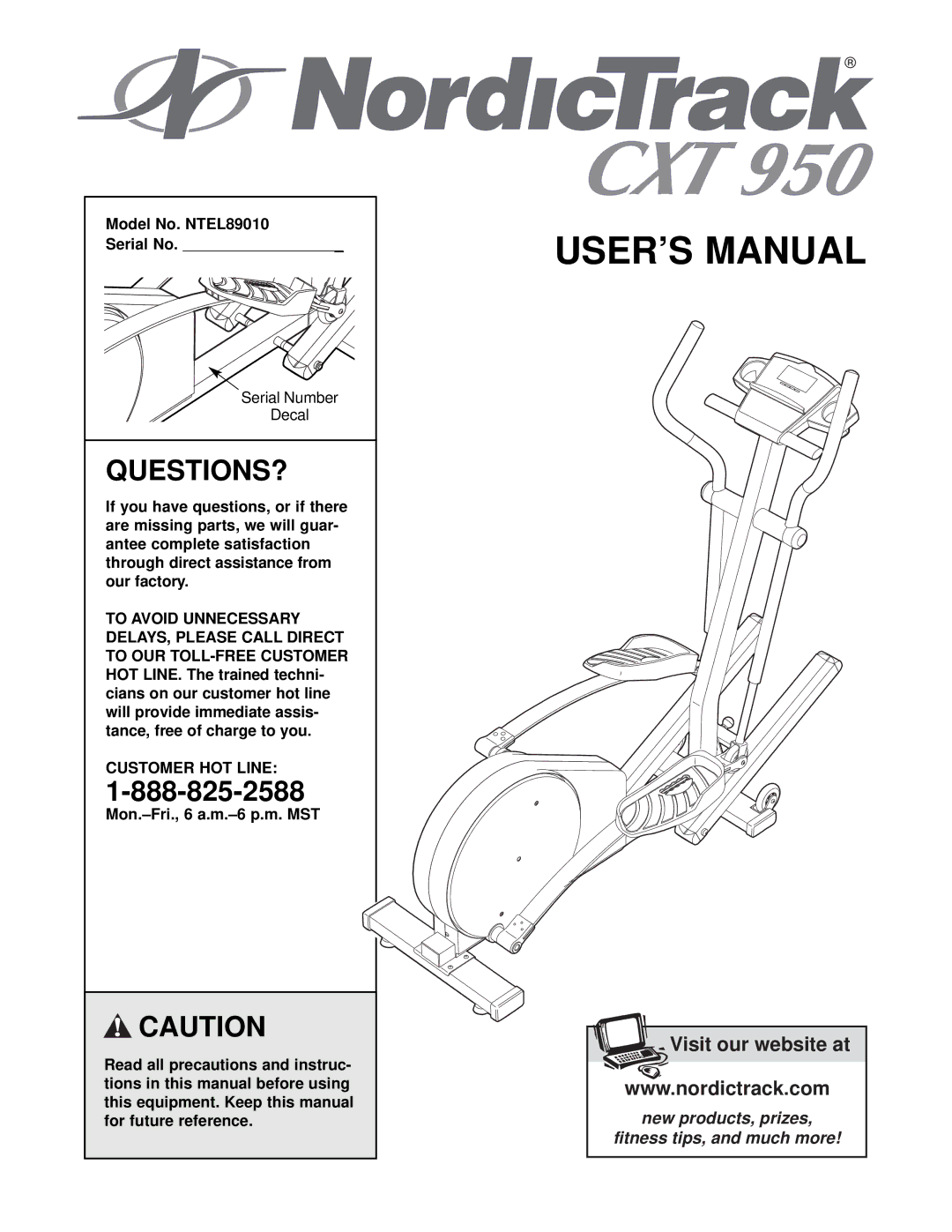 NordicTrack user manual Questions?, Model No. NTEL89010 Serial No, Customer HOT Line 