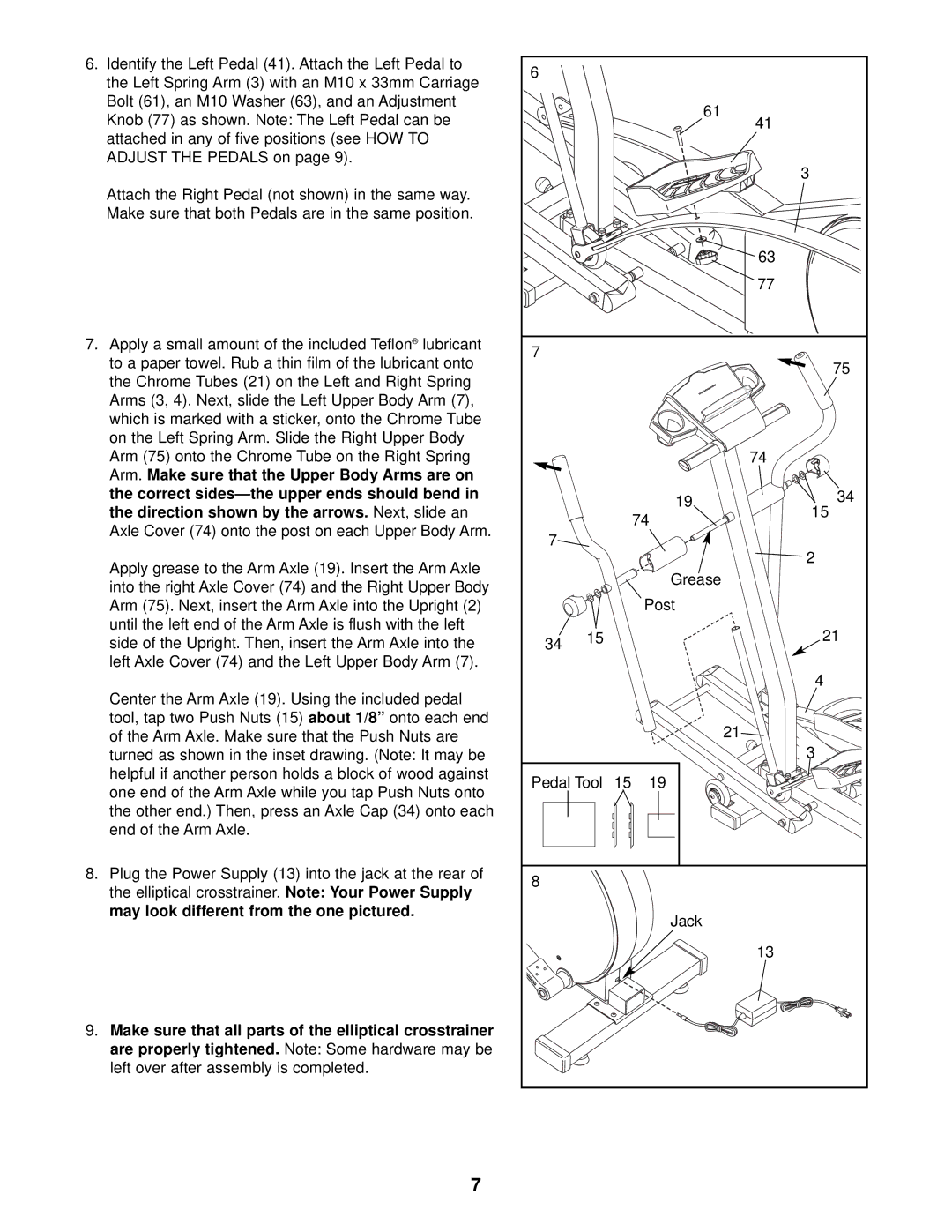 NordicTrack NTEL89010 user manual Grease Post Pedal Tool Jack 