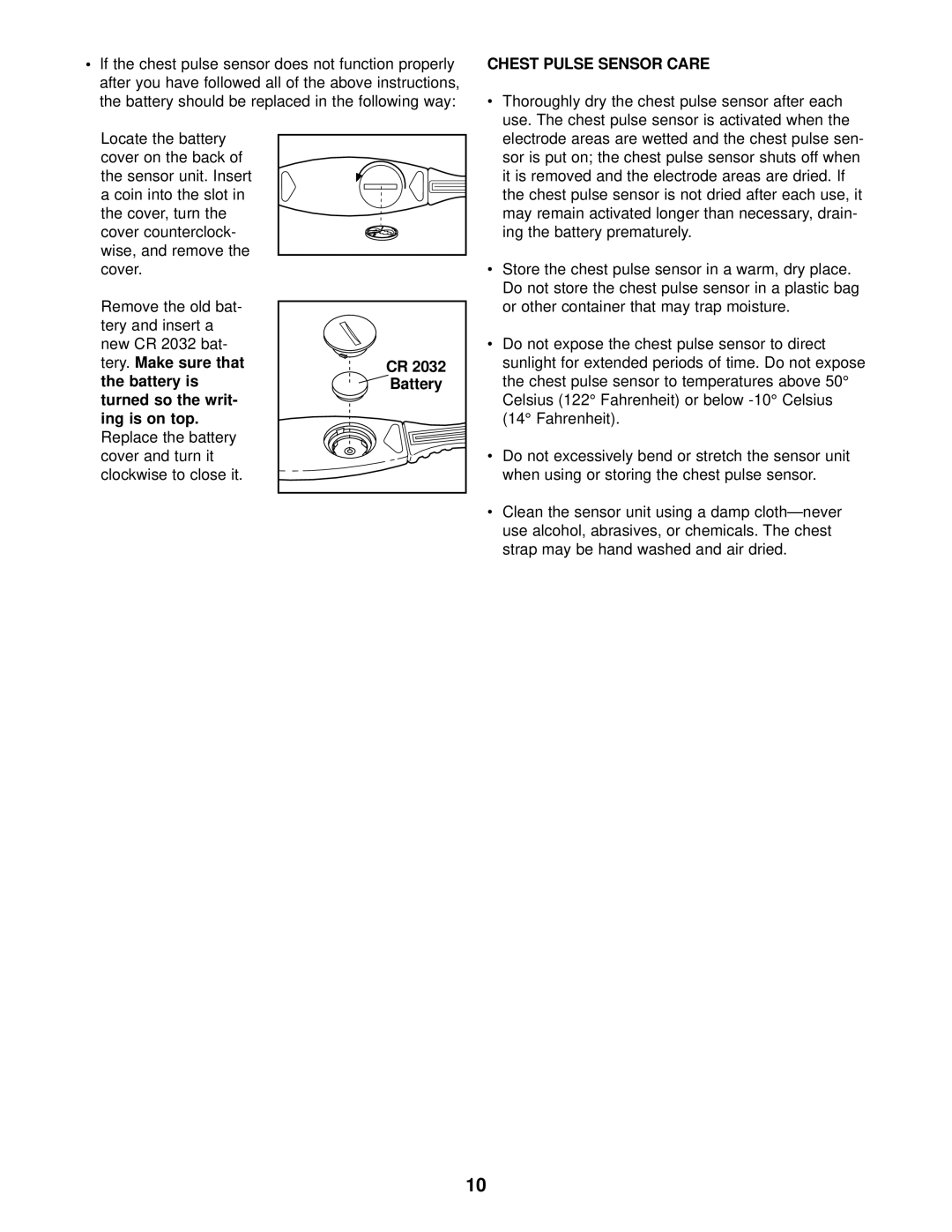 NordicTrack NTEVEL59011 user manual Chest Pulse Sensor Care, CR 2032 Battery 