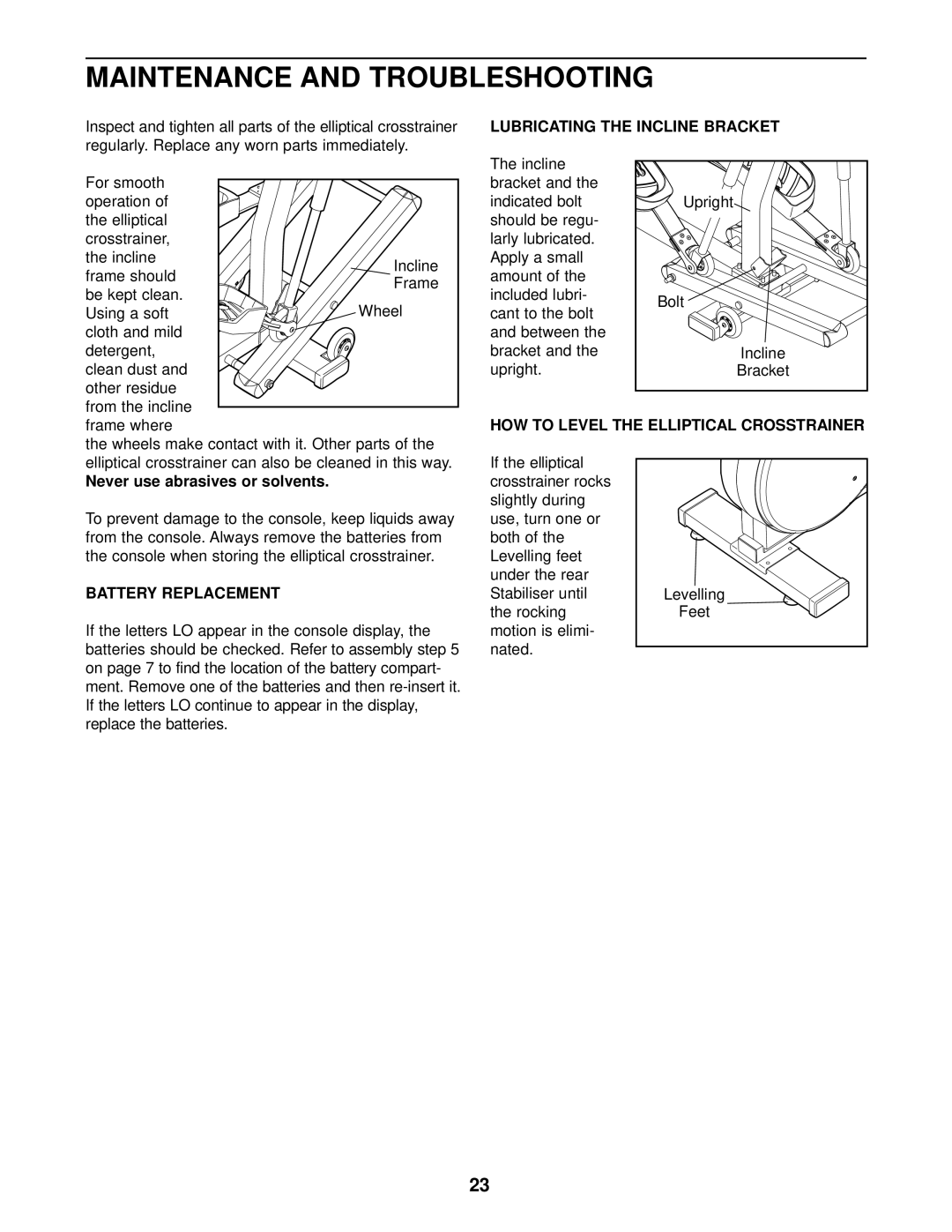 NordicTrack NTEVEL59011 Maintenance and Troubleshooting, Lubricating the Incline Bracket, Never use abrasives or solvents 