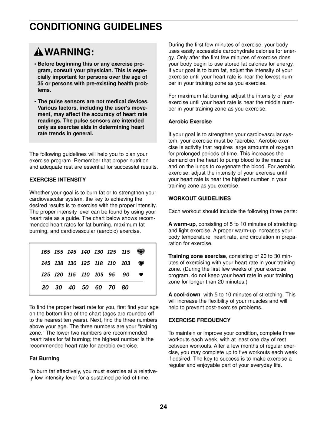 NordicTrack NTEVEL59011 user manual Conditioning Guidelines, Exercise Intensity, Workout Guidelines, Exercise Frequency 