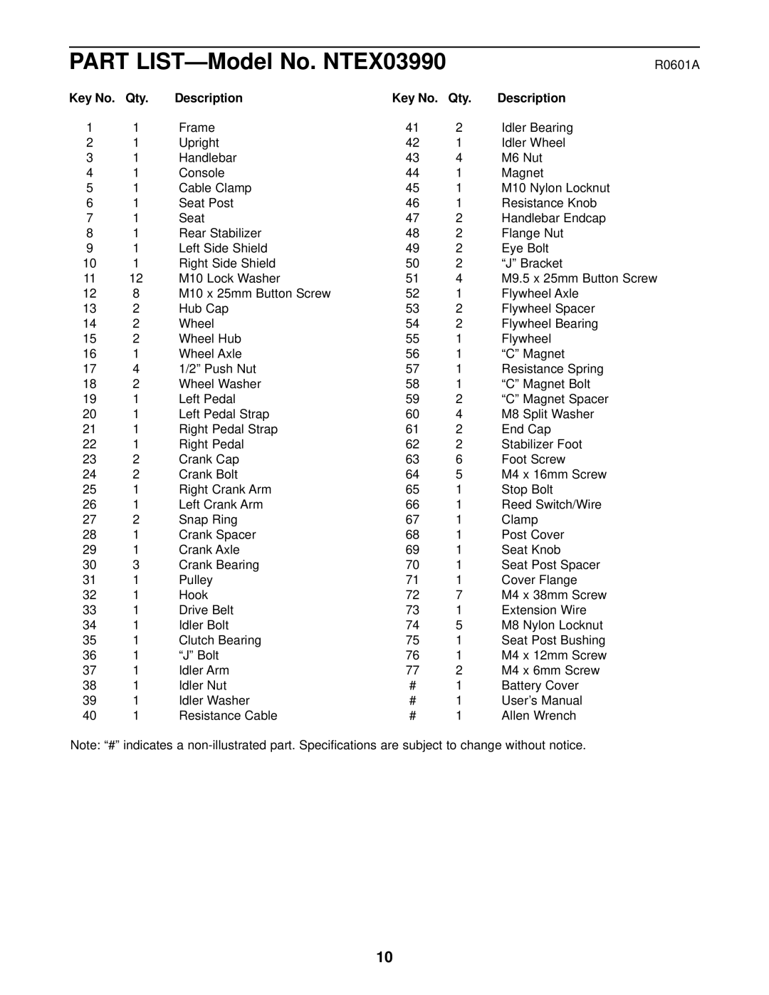 NordicTrack user manual Part LIST-Model No. NTEX03990 