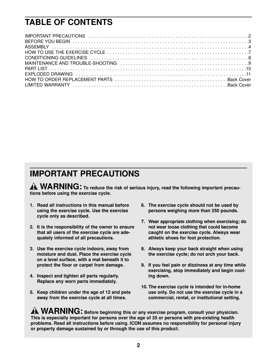 NordicTrack NTEX03990 user manual Table of Contents, Important Precautions 