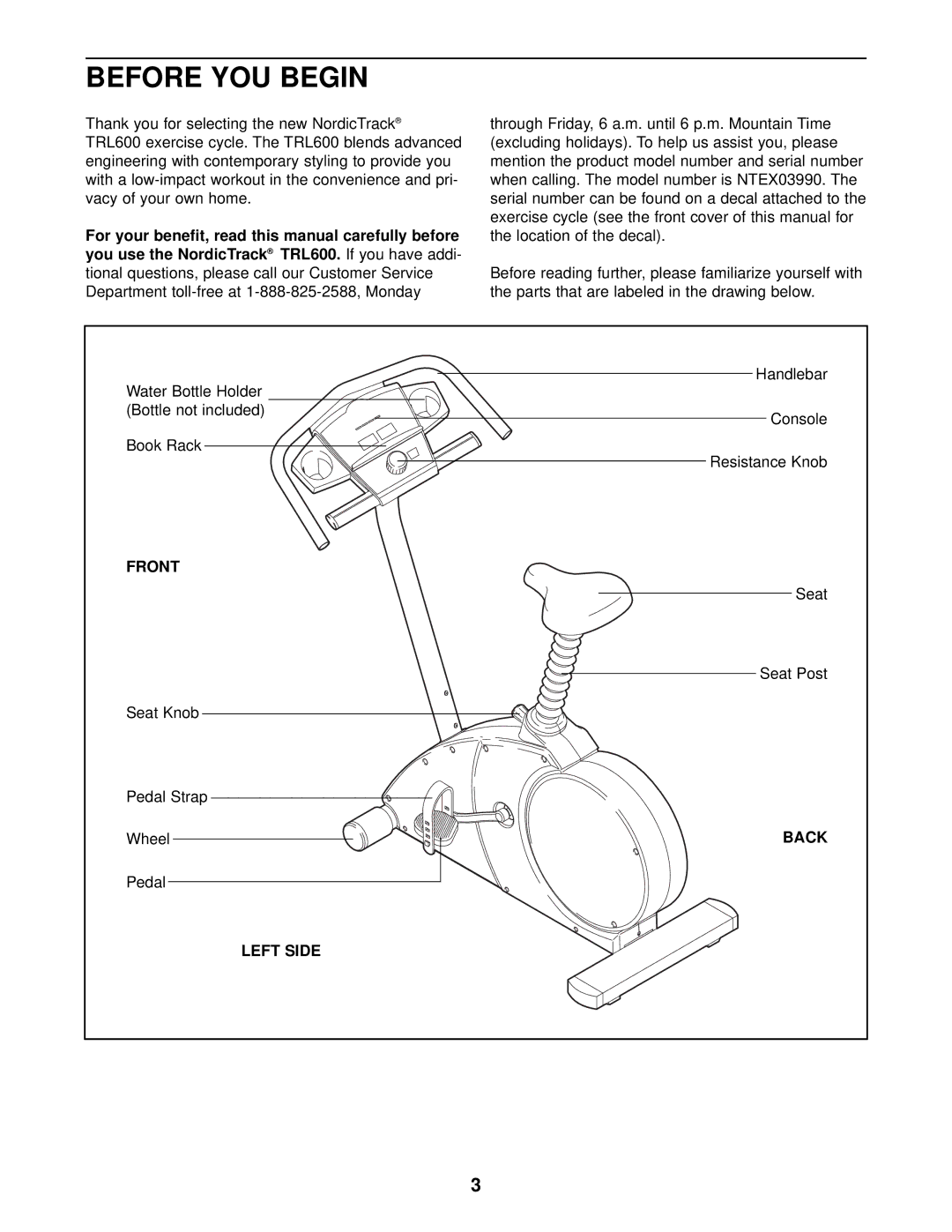 NordicTrack NTEX03990 user manual Before YOU Begin, Front, Back, Left Side 