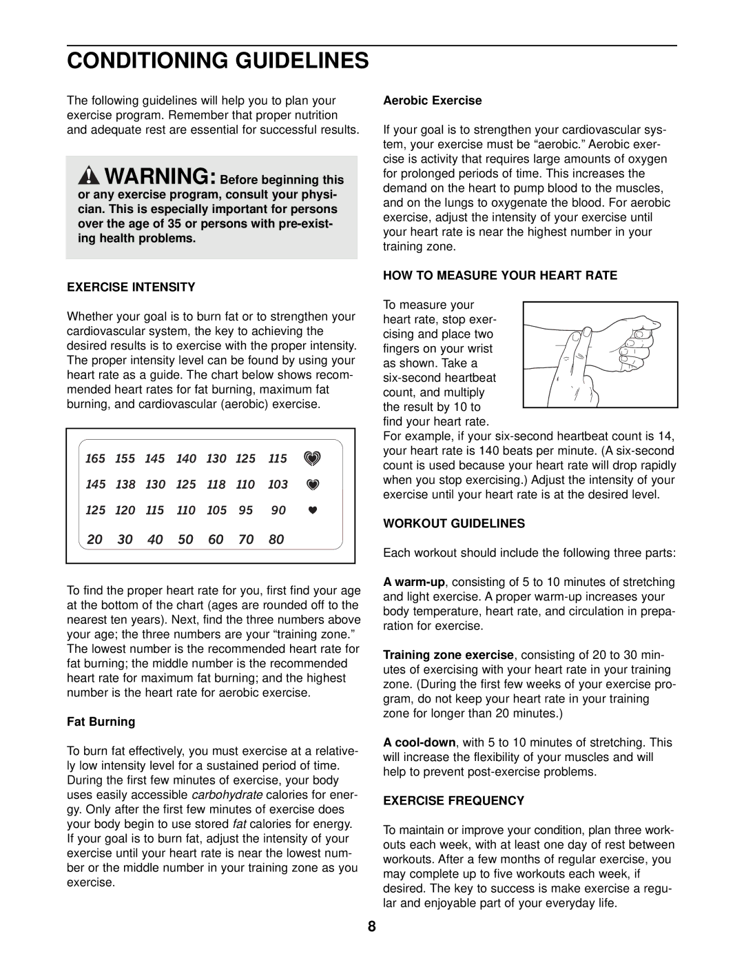 NordicTrack NTEX03990 Conditioning Guidelines, Exercise Intensity, HOW to Measure Your Heart Rate, Workout Guidelines 