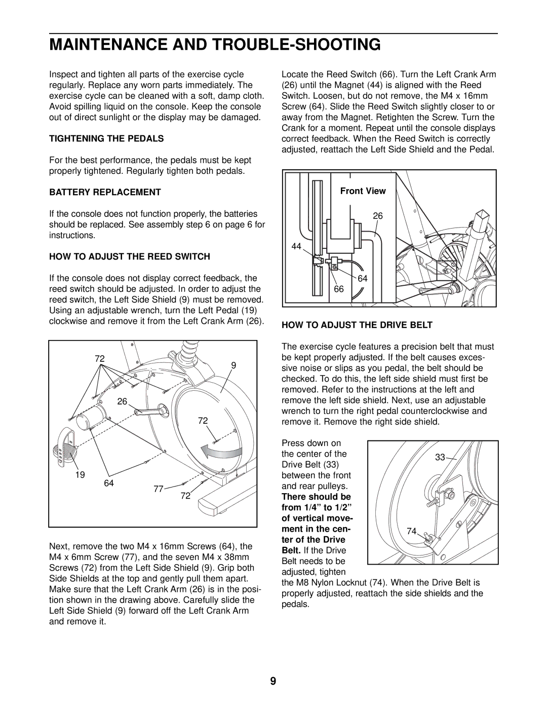 NordicTrack NTEX03990 user manual Maintenance and TROUBLE-SHOOTING, Tightening the Pedals, Battery Replacement 