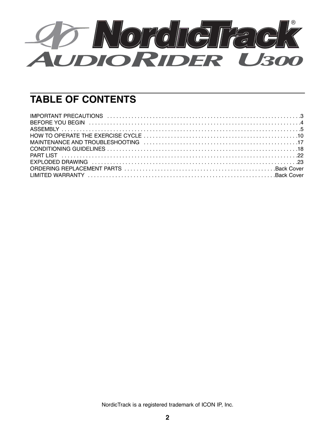 NordicTrack NTEX3196.0 user manual Table of Contents 