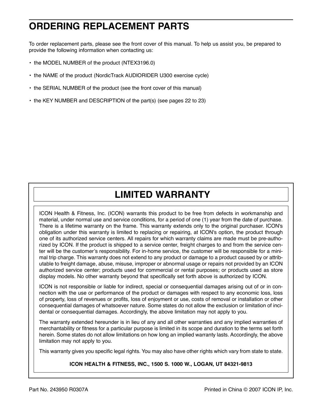 NordicTrack NTEX3196.0 Ordering Replacement Parts, Limited Warranty, Icon Health & FITNESS, INC., 1500 S W., LOGAN, UT 