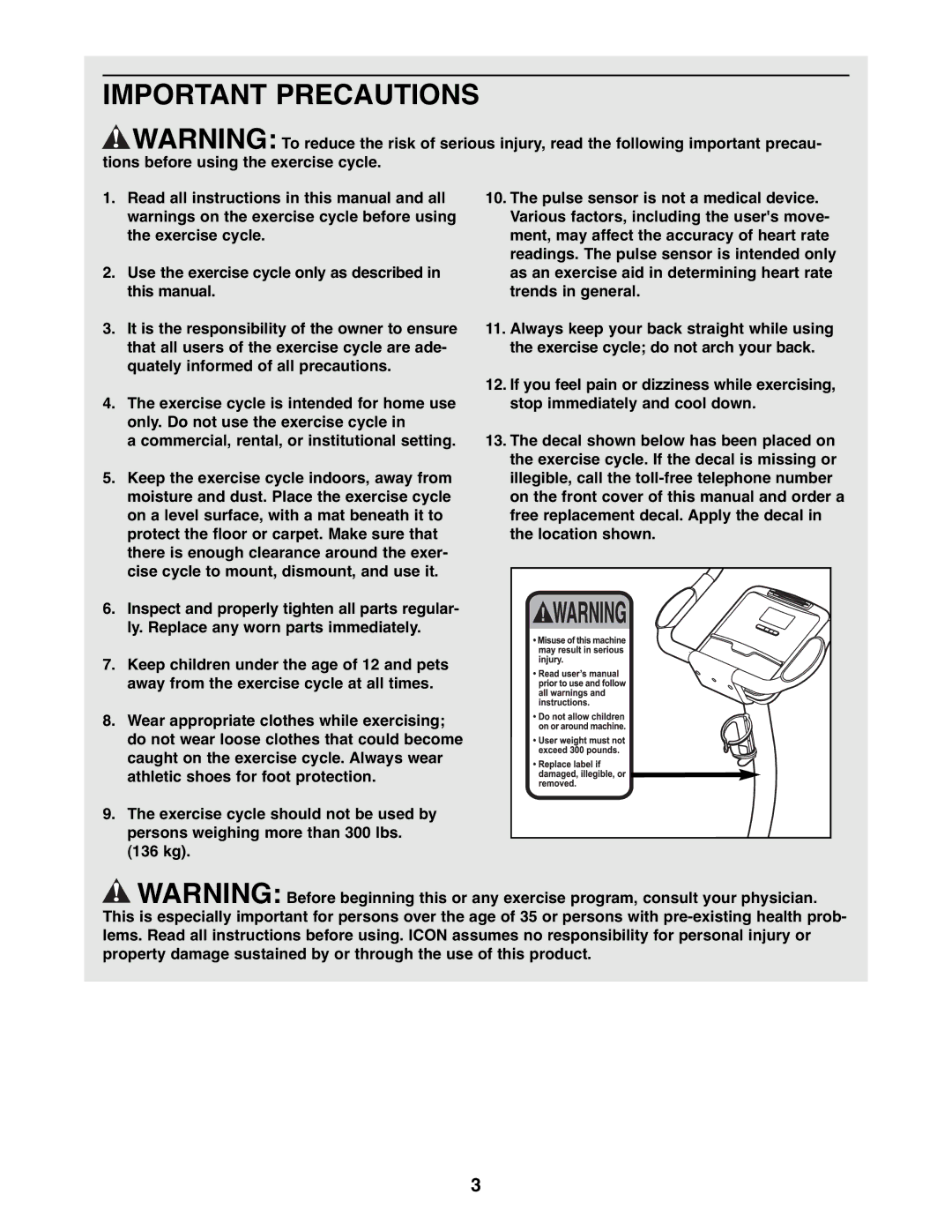 NordicTrack NTEX3196.0 user manual Important Precautions 