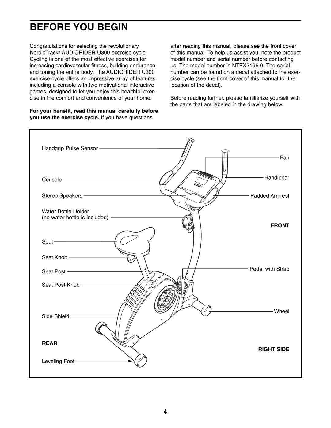 NordicTrack NTEX3196.0 user manual Before YOU Begin, Front, Rear Right Side 