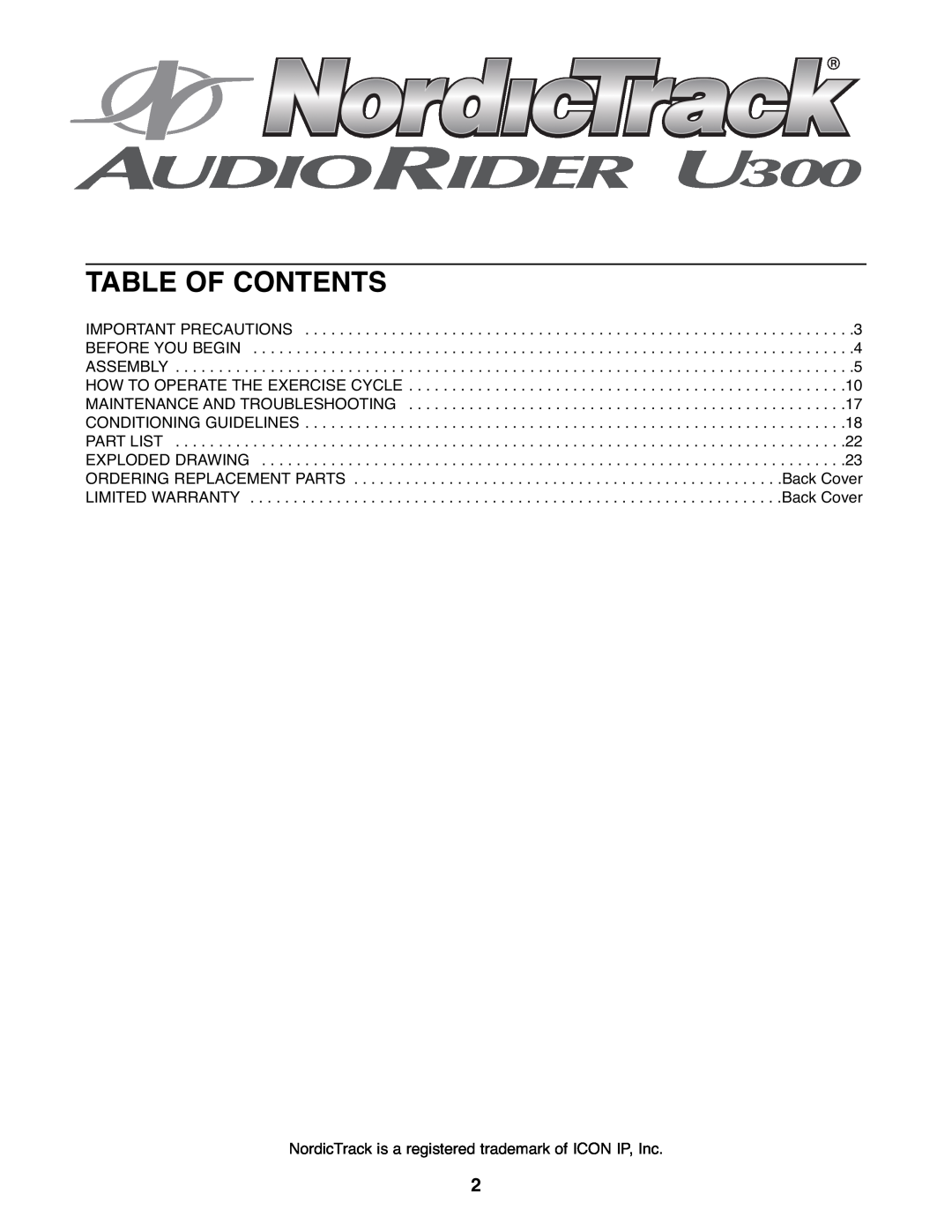 NordicTrack NTEX3196.0 user manual Table Of Contents, NordicTrack is a registered trademark of ICON IP, Inc 
