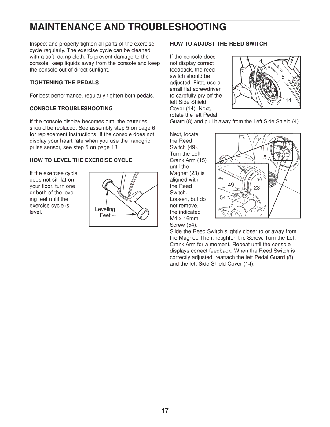 NordicTrack NTEX3196.1 user manual Maintenance and Troubleshooting, Tightening the Pedals, Console Troubleshooting 