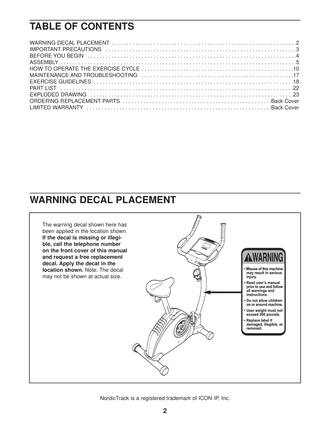 NordicTrack NTEX3196.1 user manual Table of Contents 