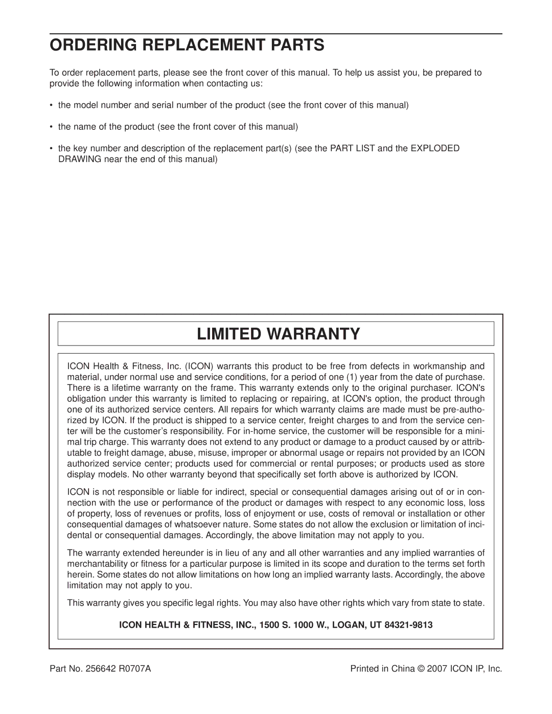 NordicTrack NTEX3196.1 Ordering Replacement Parts, Limited Warranty, Icon Health & FITNESS, INC., 1500 S W., LOGAN, UT 