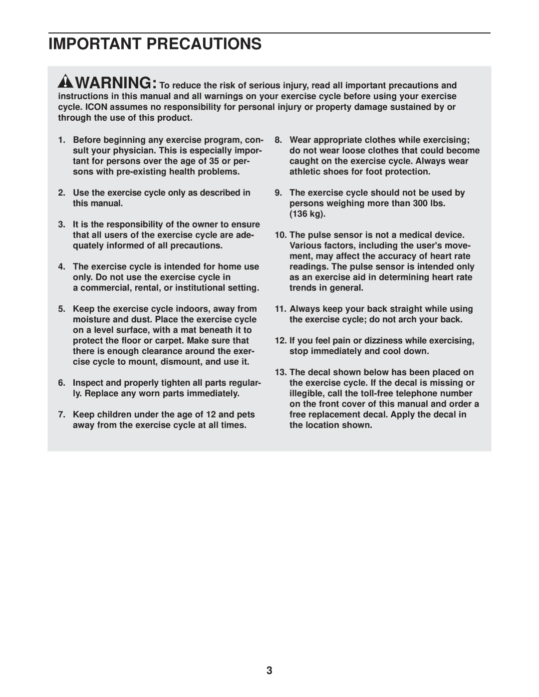 NordicTrack NTEX3196.1 user manual Important Precautions 