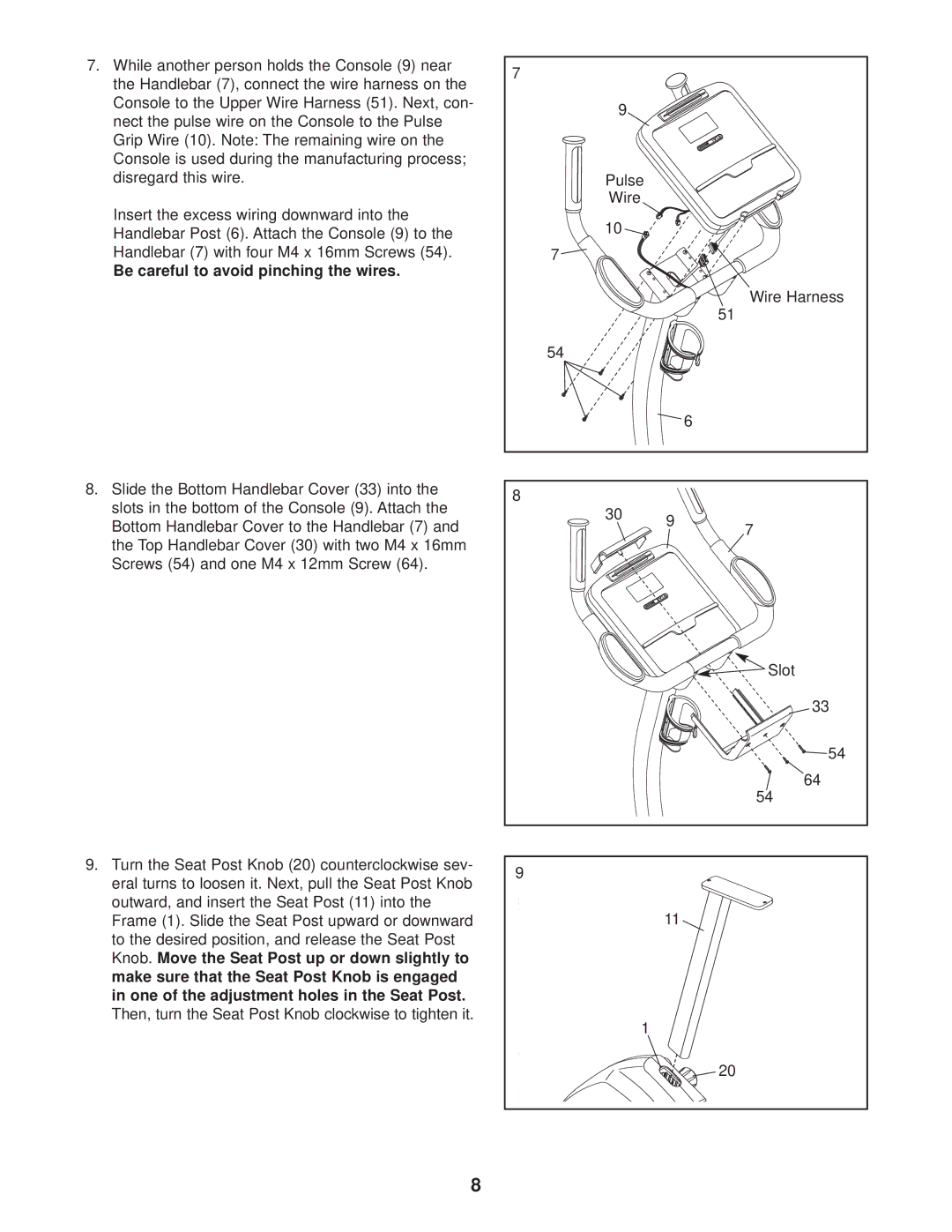 NordicTrack NTEX3196.1 user manual Be careful to avoid pinching the wires 