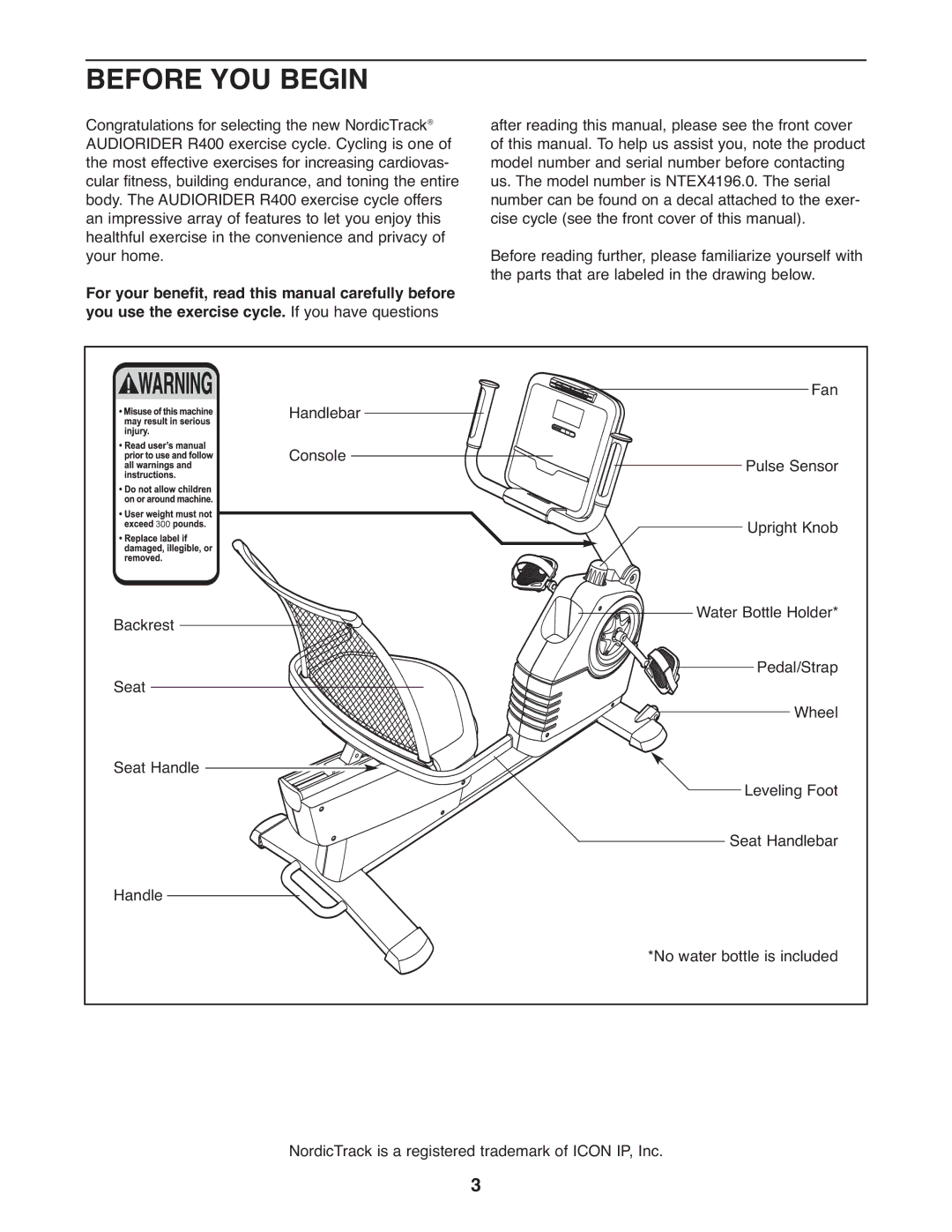 NordicTrack NTEX4196.0 user manual Before YOU Begin 