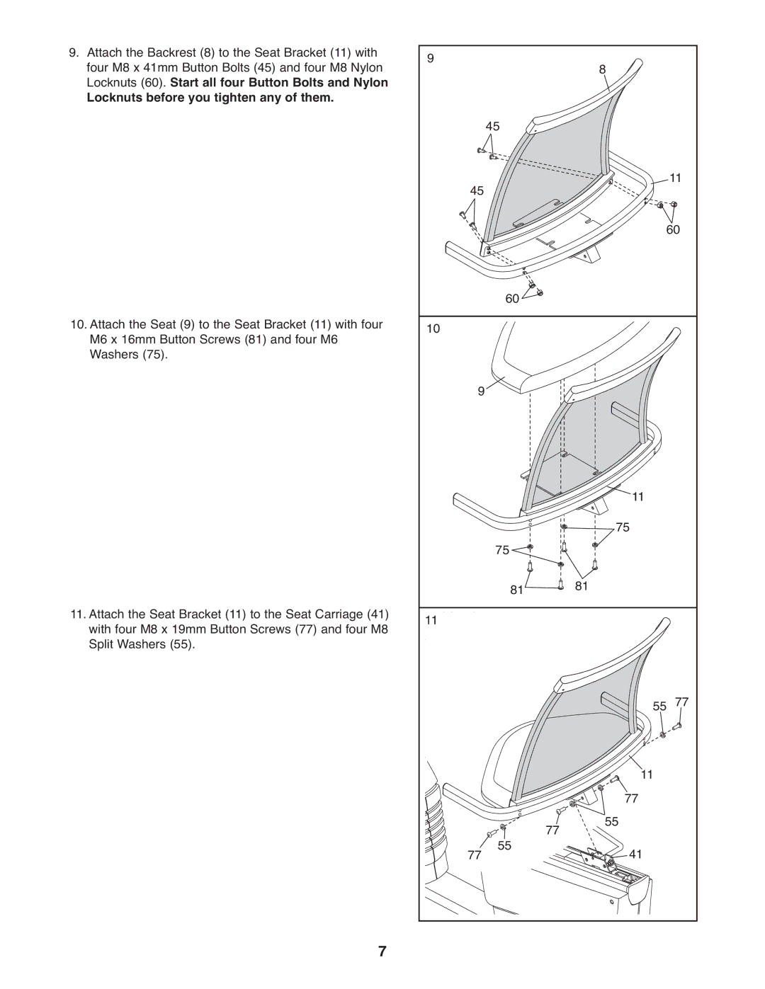 NordicTrack NTEX4196.0 user manual Locknuts before you tighten any of them 