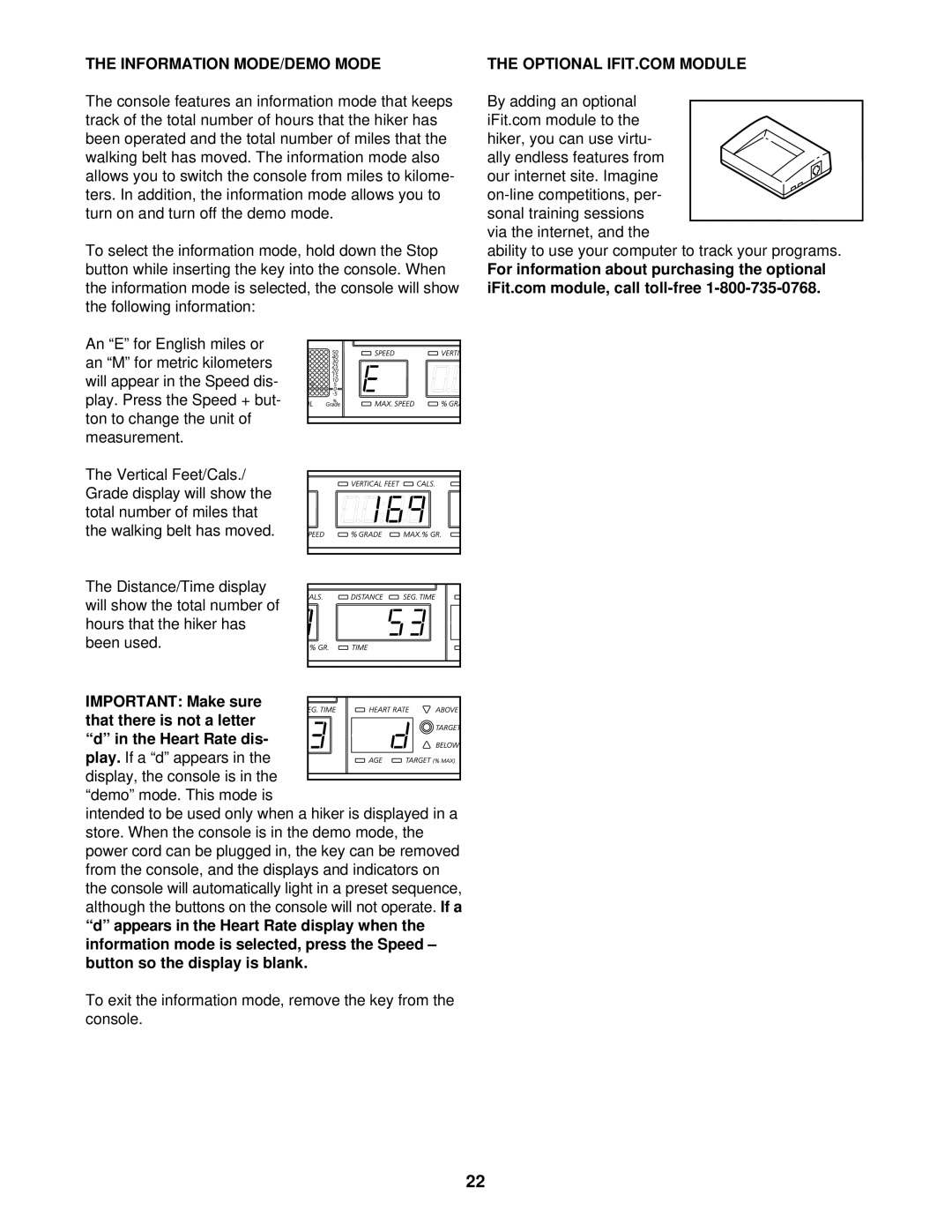 NordicTrack NTHK22490 user manual Information MODE/DEMO Mode 