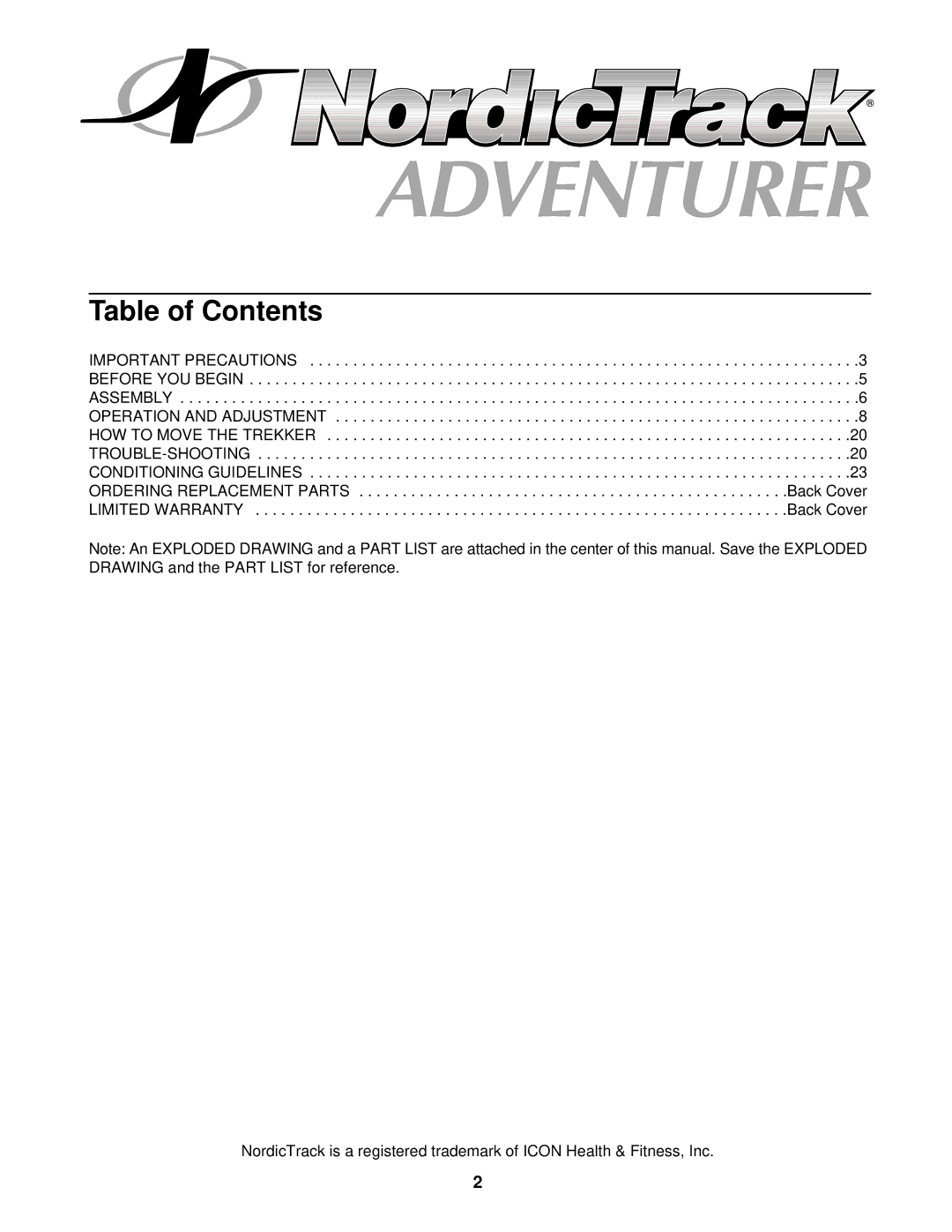 NordicTrack NTHK99901 user manual Table of Contents 